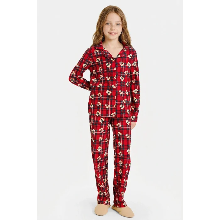 Defacto G7434A8RD28 Kırmızı Kız Çocuk Yılbaşı Temalı Pijama Takımı Kareli Ayıcıklı Uzun Kollu Üst Uzun Alt