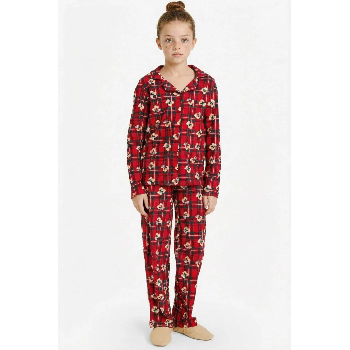 Defacto G7434A8RD28 Kırmızı Kız Çocuk Yılbaşı Temalı Pijama Takımı Kareli Ayıcıklı Uzun Kollu Üst Uzun Alt