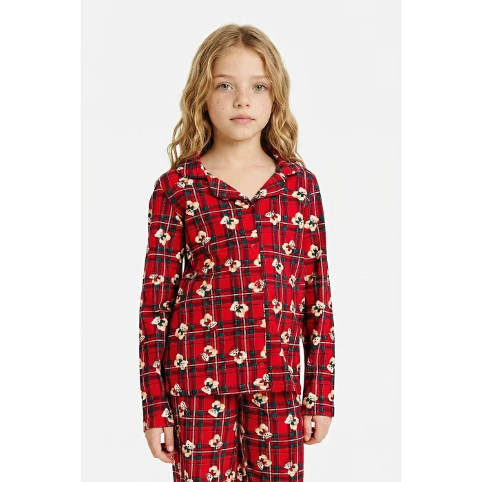 Defacto G7434A8RD28 Kırmızı Kız Çocuk Yılbaşı Temalı Pijama Takımı Kareli Ayıcıklı Uzun Kollu Üst Uzun Alt
