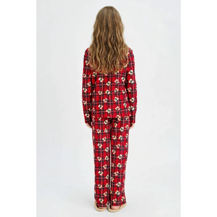 Defacto G7434A8RD28 Kırmızı Kız Çocuk Yılbaşı Temalı Pijama Takımı Kareli Ayıcıklı Uzun Kollu Üst Uzun Alt