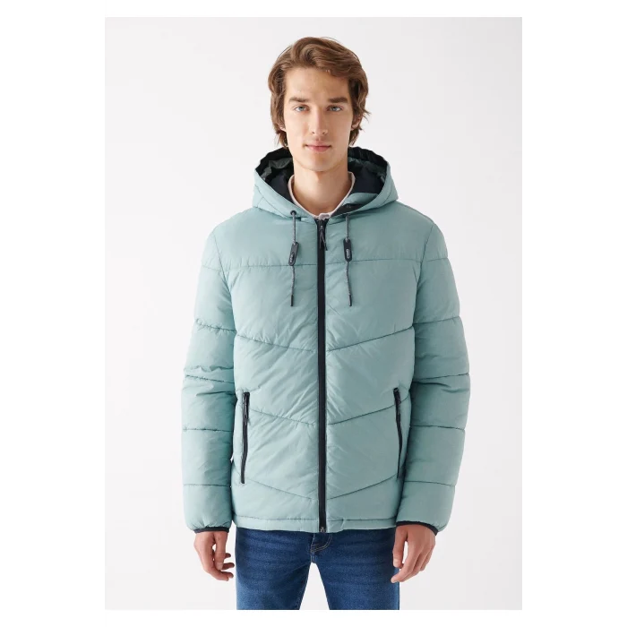 010419-70118 Mavi Kapüşonlu Şişme Mont Regular Fit / Normal Kesim