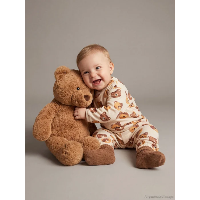 LCW baby Ekru Ayıcık Baskılı Erkek Bebek Sweatshirt ve Eşofman Altı