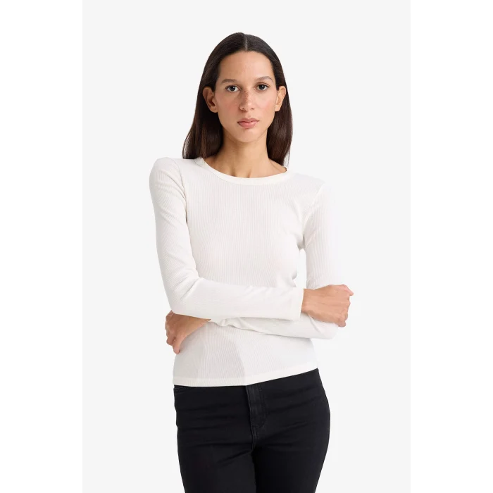 Defacto E5767AXER105 Ekru Slim Fit Dar Kesim Basic Düz Fitilli Kaşkorse Uzun Kollu Tişört