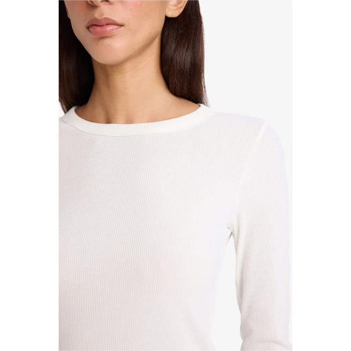 Defacto E5767AXER105 Ekru Slim Fit Dar Kesim Basic Düz Fitilli Kaşkorse Uzun Kollu Tişört