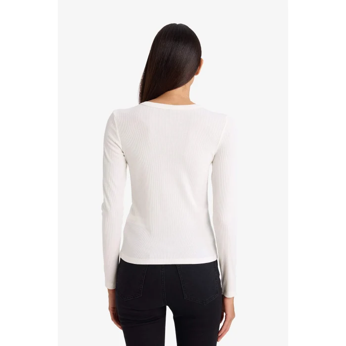 Defacto E5767AXER105 Ekru Slim Fit Dar Kesim Basic Düz Fitilli Kaşkorse Uzun Kollu Tişört