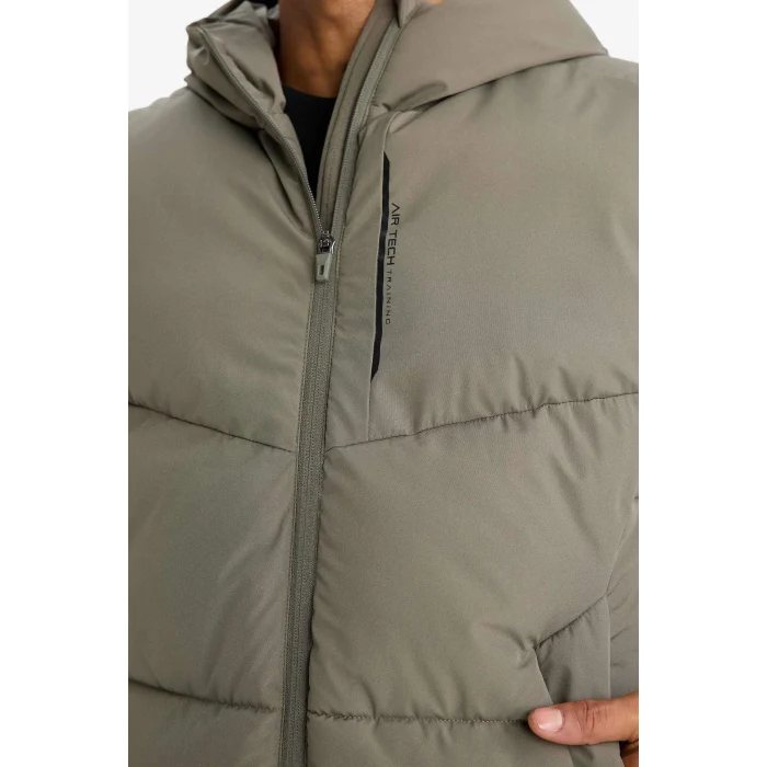 Defacto E9216AXKH422 Haki Su İtici Rüzgar Geçirmez Regular Fit Kapüşonlu Fermuarlı Cepli Şişme Yelek