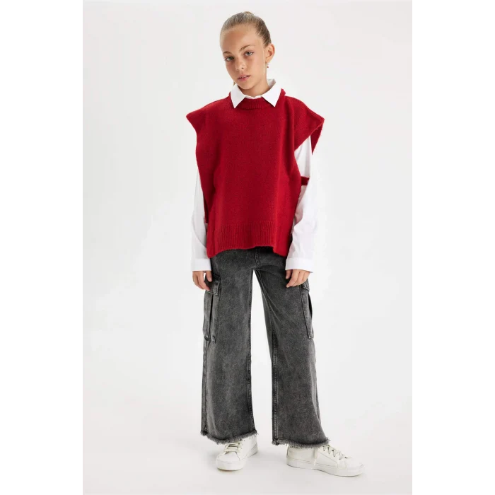 Defacto C9660A8RD63 Kırmızı Kız Çocuk Kırmızı Bisiklet Yaka Basic Düz Triko Süveter