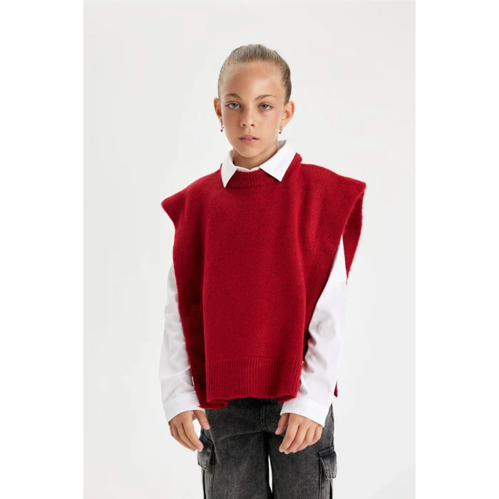 Defacto C9660A8RD63 Kırmızı Kız Çocuk Kırmızı Bisiklet Yaka Basic Düz Triko Süveter