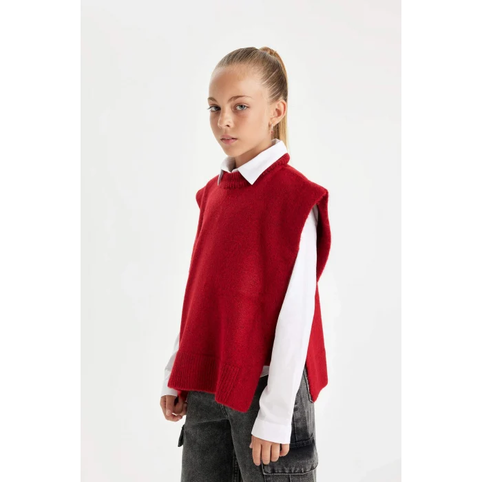 Defacto C9660A8RD63 Kırmızı Kız Çocuk Kırmızı Bisiklet Yaka Basic Düz Triko Süveter