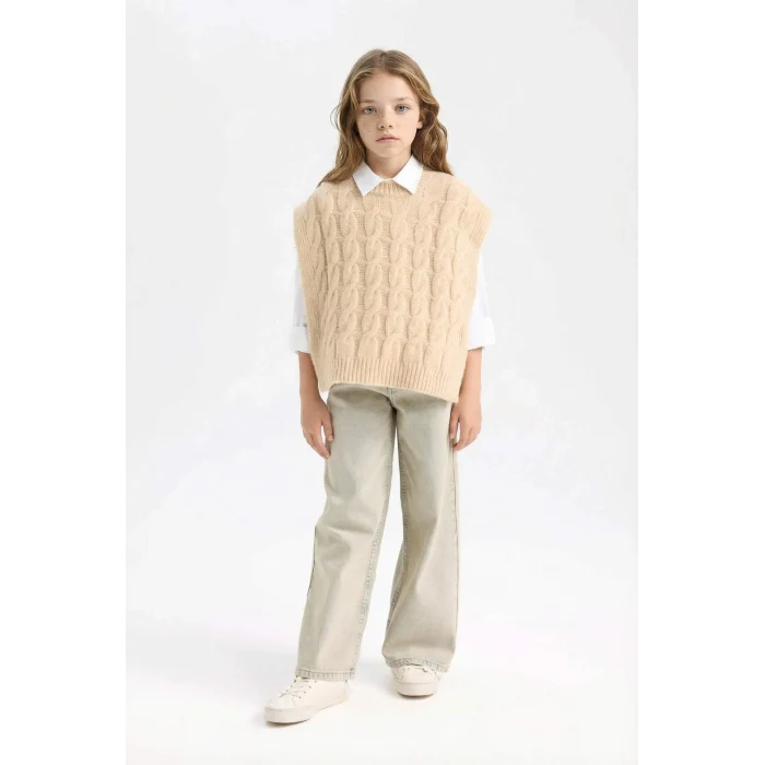 Defacto C9659A8BG588 Bej Kız Çocuk Bisiklet Yaka Saç Örgüsü Desenli Triko Süveter