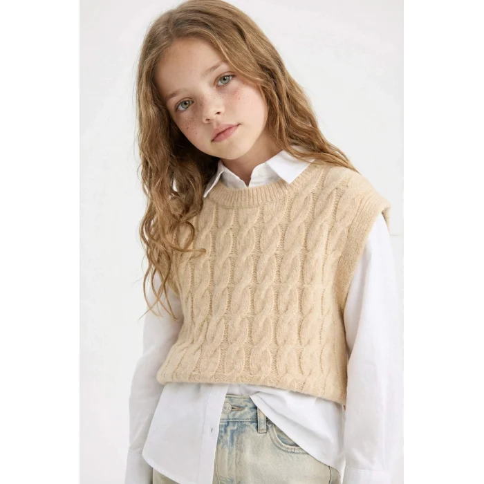 Defacto C9659A8BG588 Bej Kız Çocuk Bisiklet Yaka Saç Örgüsü Desenli Triko Süveter