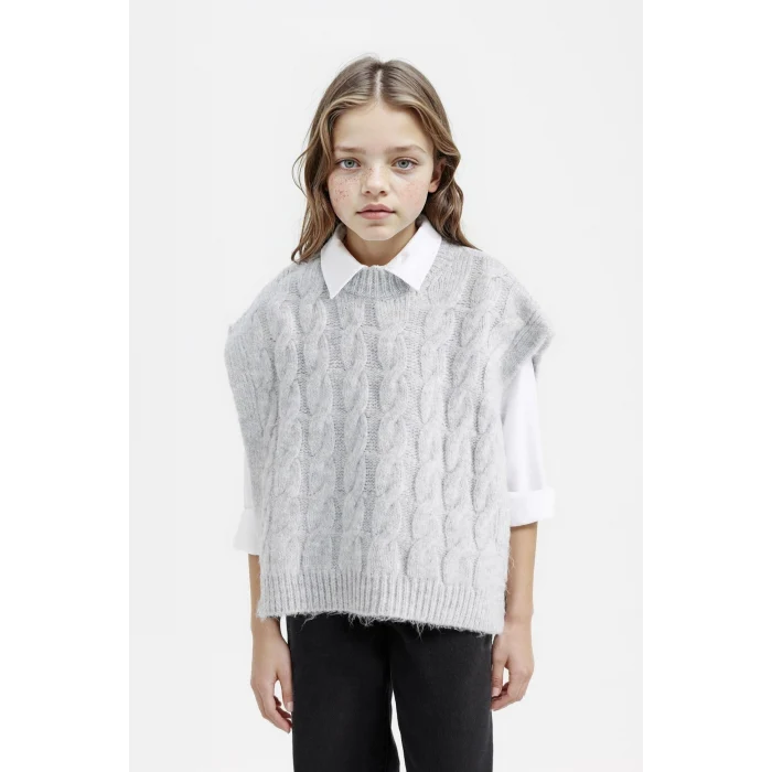 Defacto C9659A8GR28 Gri Kız Çocuk Bisiklet Yaka Saç Örgüsü Desenli Triko Süveter