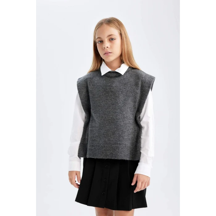 Defacto C9660A8AR84 Antrasit Kız Çocuk Bisiklet Yaka Düz Triko Süveter