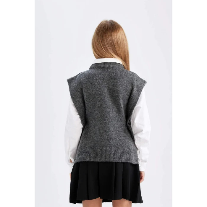 Defacto C9660A8AR84 Antrasit Kız Çocuk Bisiklet Yaka Düz Triko Süveter