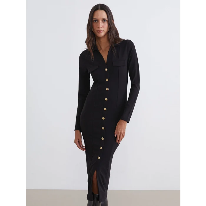 LCW Vision Siyah Gömlek Yaka Yırtmaçlı Elbise