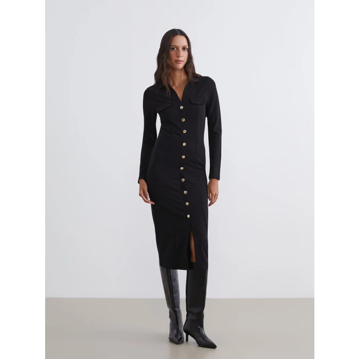 LCW Vision Siyah Gömlek Yaka Yırtmaçlı Elbise