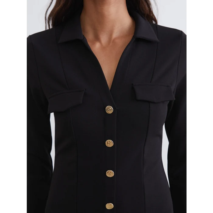 LCW Vision Siyah Gömlek Yaka Yırtmaçlı Elbise