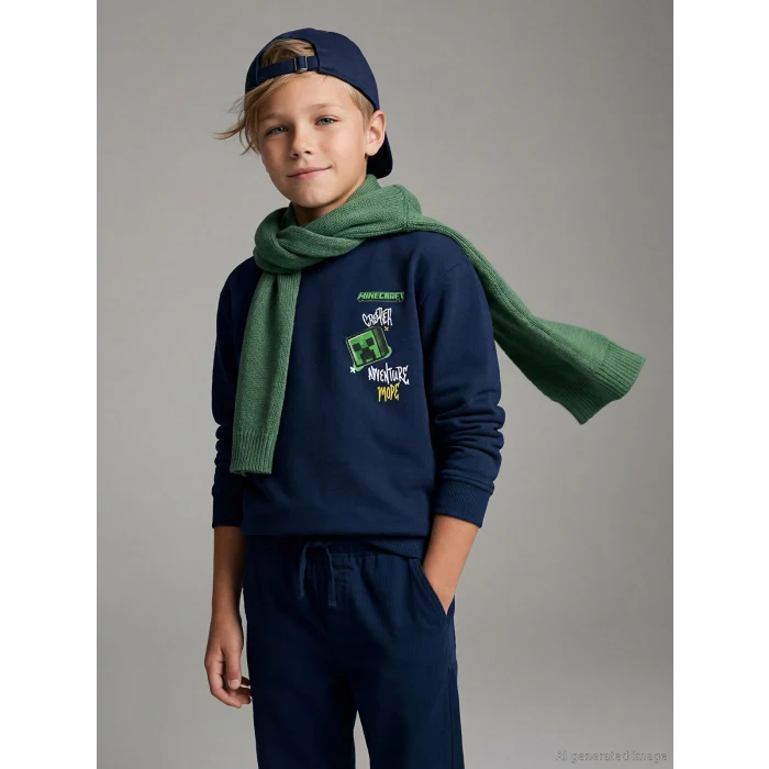 LCW Kids Lacivert Bisiklet Yaka Minecraft Baskılı Erkek Çocuk Kalın Sweatshirt