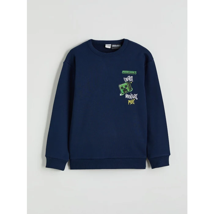 LCW Kids Lacivert Bisiklet Yaka Minecraft Baskılı Erkek Çocuk Kalın Sweatshirt