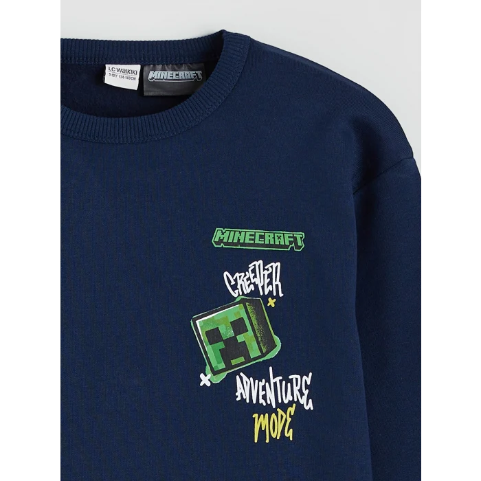 LCW Kids Lacivert Bisiklet Yaka Minecraft Baskılı Erkek Çocuk Kalın Sweatshirt