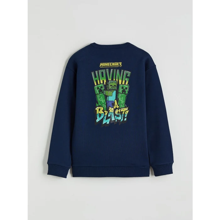 LCW Kids Lacivert Bisiklet Yaka Minecraft Baskılı Erkek Çocuk Kalın Sweatshirt