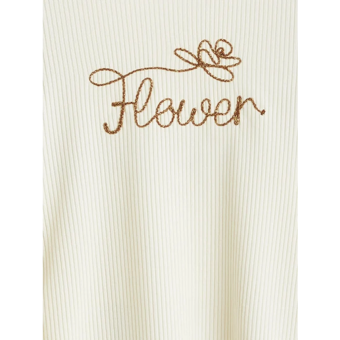 LCW Kids Ekru Bisiklet Yaka Nakışlı Kız Çocuk Tişört