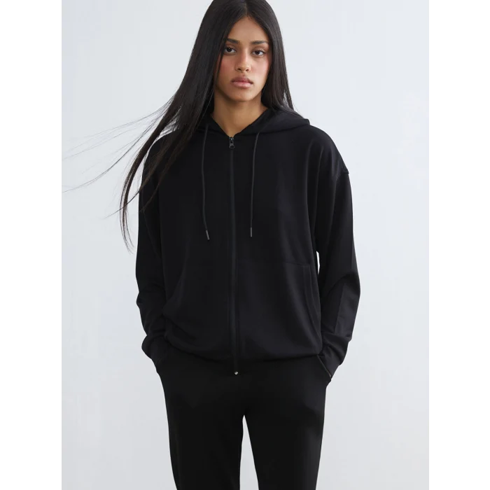 KOOR SPORT Siyah Kapüşonlu Soft Touch Kadın Fermuarlı Sweatshirt