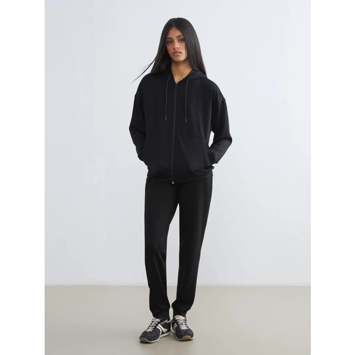 KOOR SPORT Siyah Kapüşonlu Soft Touch Kadın Fermuarlı Sweatshirt