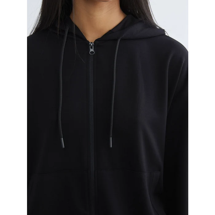 KOOR SPORT Siyah Kapüşonlu Soft Touch Kadın Fermuarlı Sweatshirt