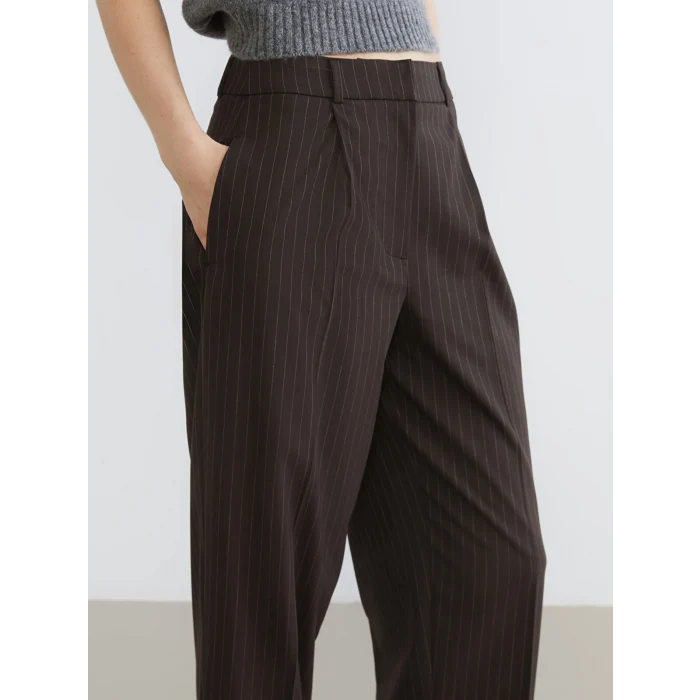 XSIDE Kahverengi Loose Fit Çizgili Kadın Pileli Pantolon