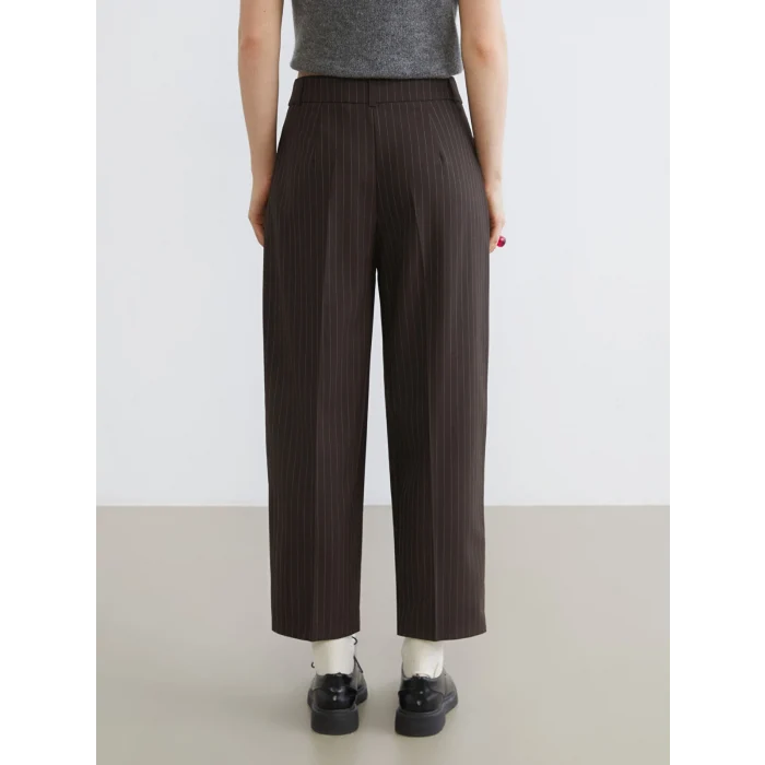 XSIDE Kahverengi Loose Fit Çizgili Kadın Pileli Pantolon