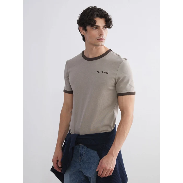 XSIDE Bej Bisiklet Yaka Baskılı Penye Erkek Tişört