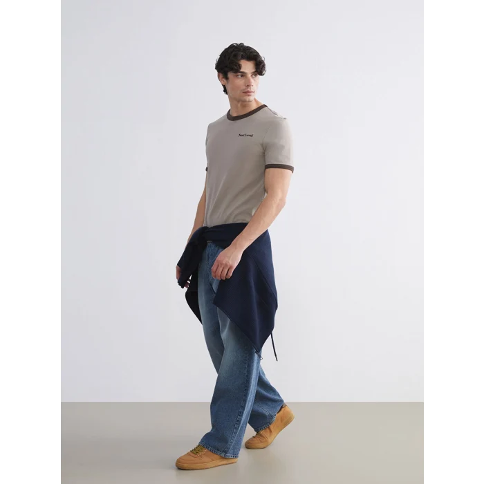 XSIDE Bej Bisiklet Yaka Baskılı Penye Erkek Tişört