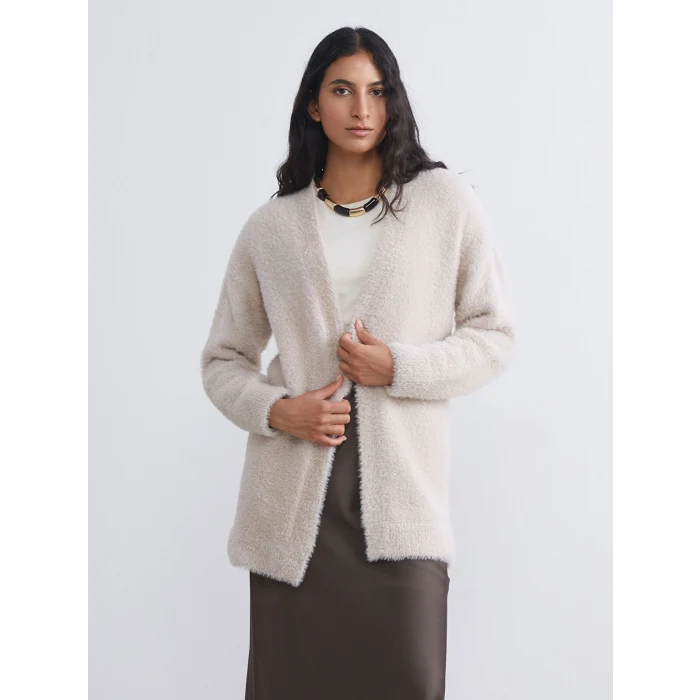 LCW Modest Ekru Şal Yaka Kadın Pelüş Triko Hırka