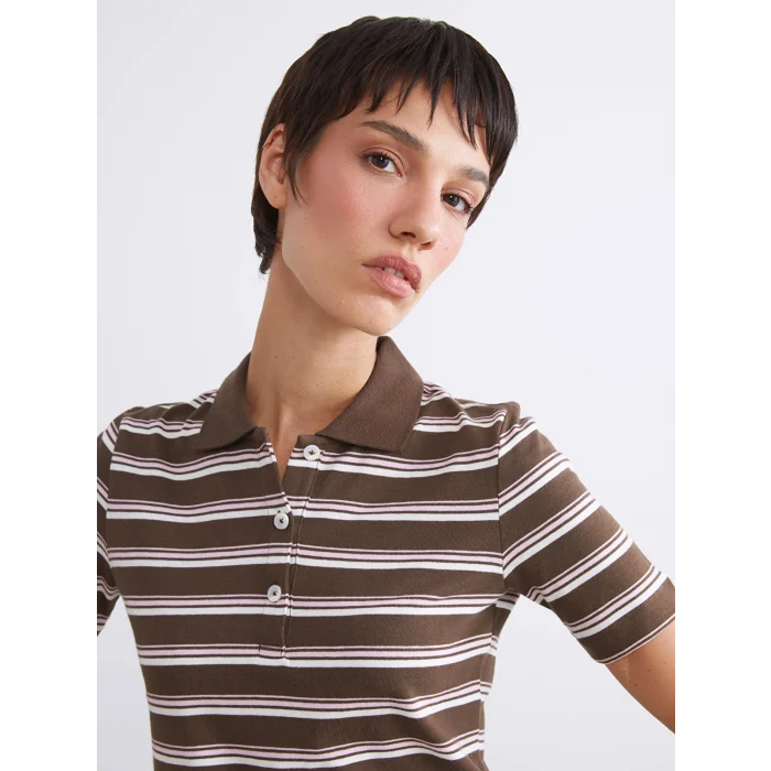 LCW Vision Karışık Polo Yaka Çizgili Kadın Tişört