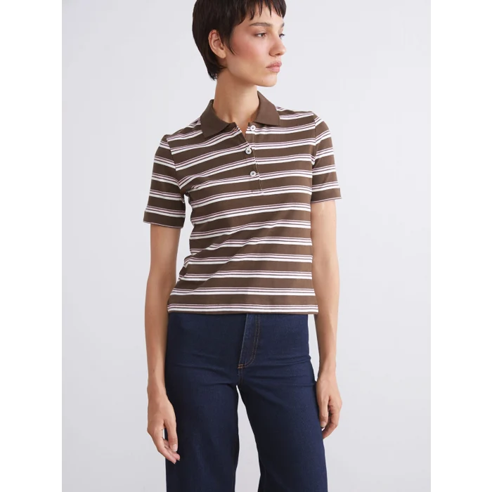 LCW Vision Karışık Polo Yaka Çizgili Kadın Tişört