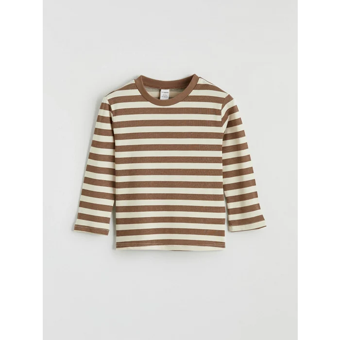 LCW baby Ekru Bisiklet Yaka Çizgili Erkek Bebek Tişört