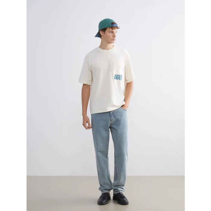 XSIDE Ekru Bisiklet Yaka Baskılı Penye Erkek Tişört