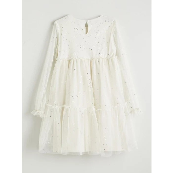 LCW Kids Ekru Bisiklet Yaka Işıltılı Kız Çocuk Elbise