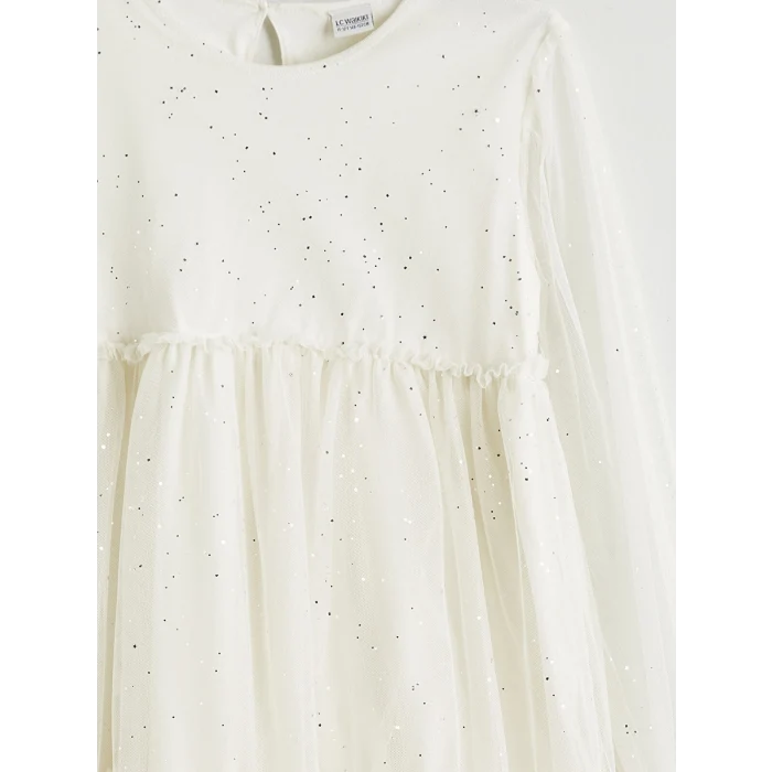 LCW Kids Ekru Bisiklet Yaka Işıltılı Kız Çocuk Elbise