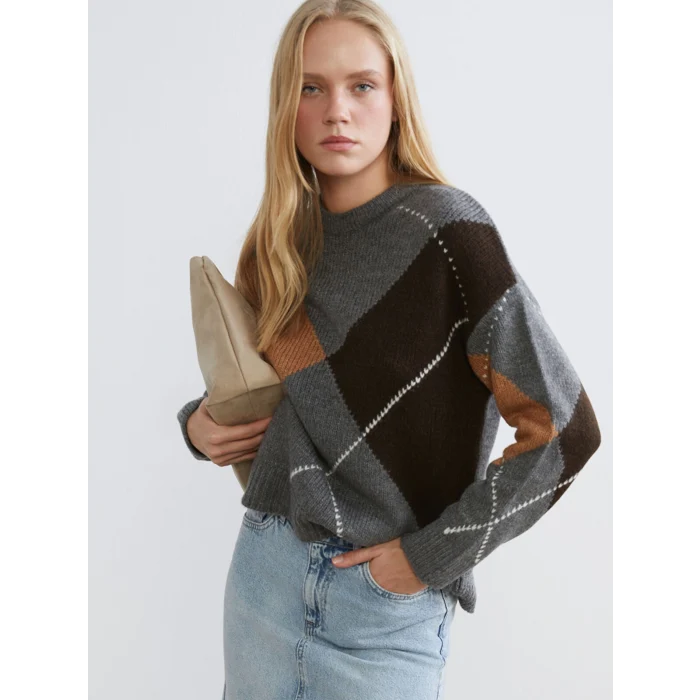 LCW Vision Gri Baklava Desenli Kadın Triko Kazak