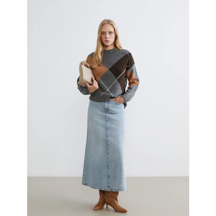 LCW Vision Gri Baklava Desenli Kadın Triko Kazak