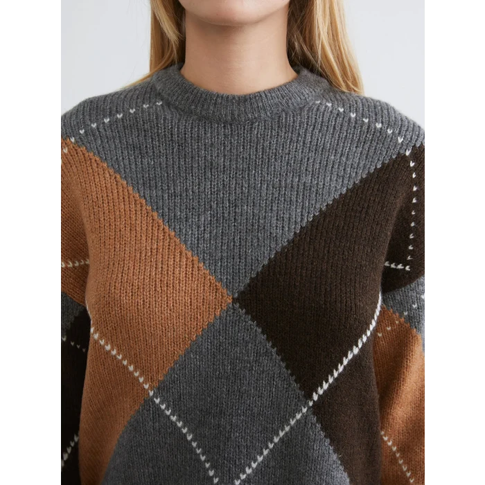 LCW Vision Gri Baklava Desenli Kadın Triko Kazak