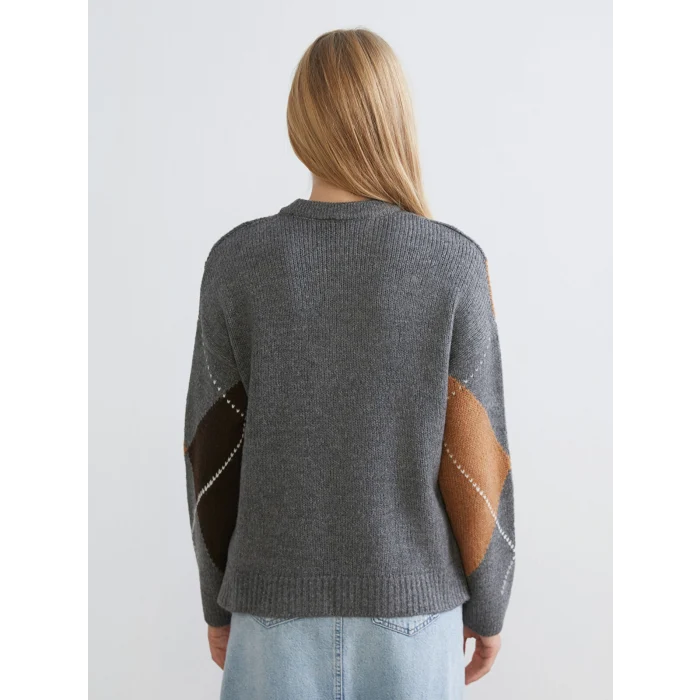 LCW Vision Gri Baklava Desenli Kadın Triko Kazak