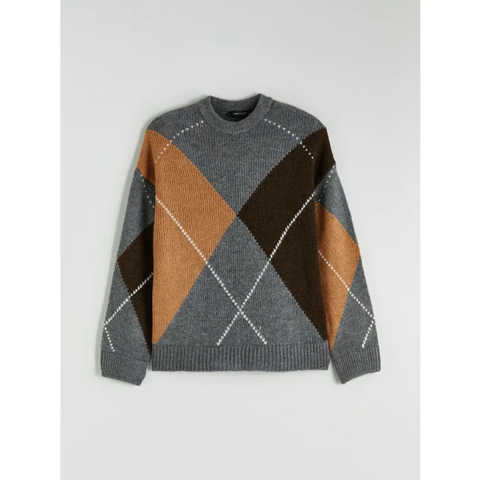 LCW Vision Gri Baklava Desenli Kadın Triko Kazak