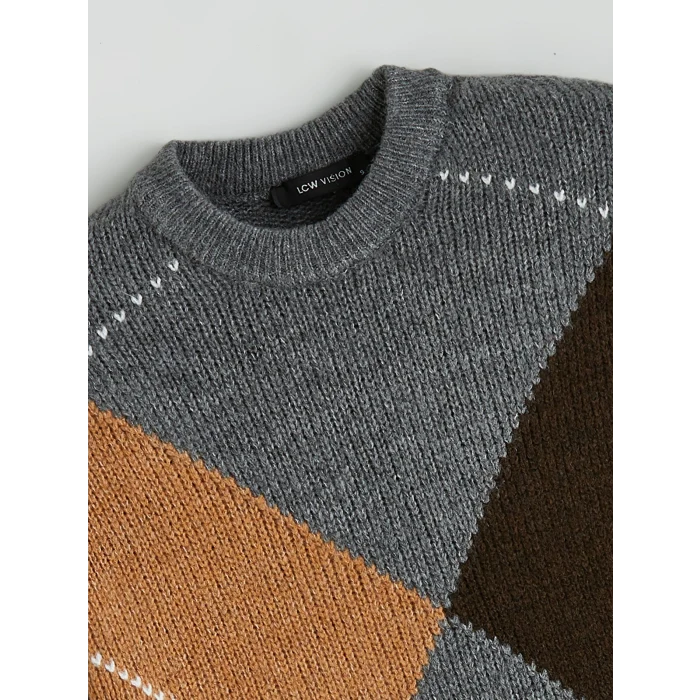 LCW Vision Gri Baklava Desenli Kadın Triko Kazak