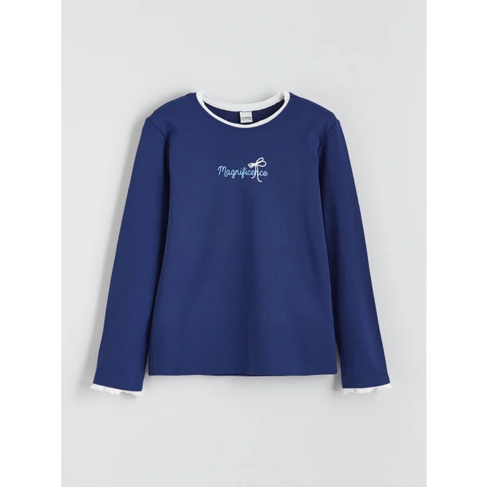 LCW Kids Lacivert Bisiklet Yaka Baskılı Kız Çocuk Tişört