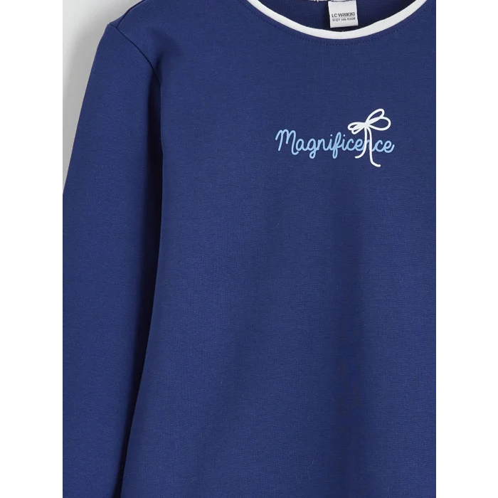 LCW Kids Lacivert Bisiklet Yaka Baskılı Kız Çocuk Tişört