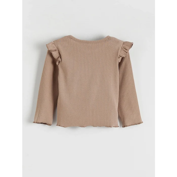 LCW baby Kahverengi Bisiklet Yaka Ayıcık Nakışlı Kız Bebek Uzun Kollu Tişört