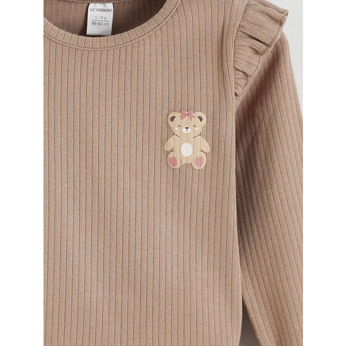 LCW baby Kahverengi Bisiklet Yaka Ayıcık Nakışlı Kız Bebek Uzun Kollu Tişört